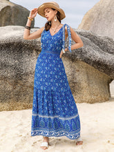 Printed V-Neck Tie Shoulder Dress Blue OutfitFlow
